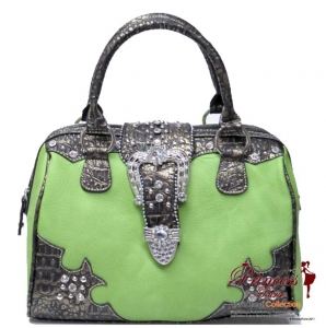 Western Designer Inspired Hand Bag w/ Rhinestone and Stud Decor and a Flip-Over Buckle Closure